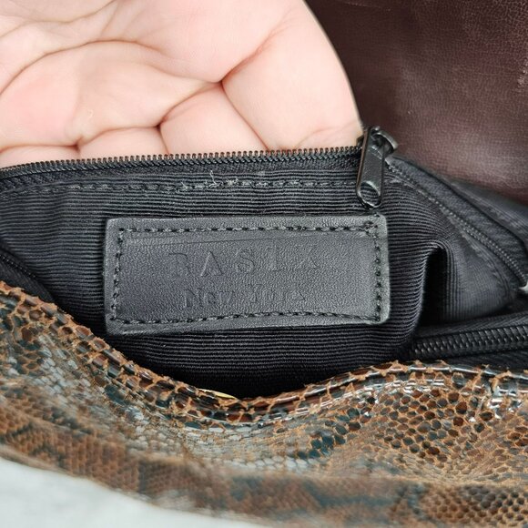 Basix New York Snake Print Textured Leather Shoulder Bag Brown Black Beads Strap - Picture 2 of 14